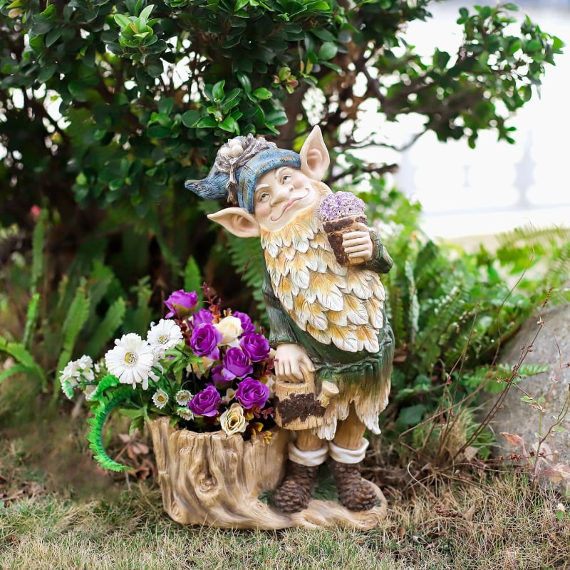 Statuie de grădină elf pitic pentru ghivece, obiect din rășină, decor exterior – Qityi