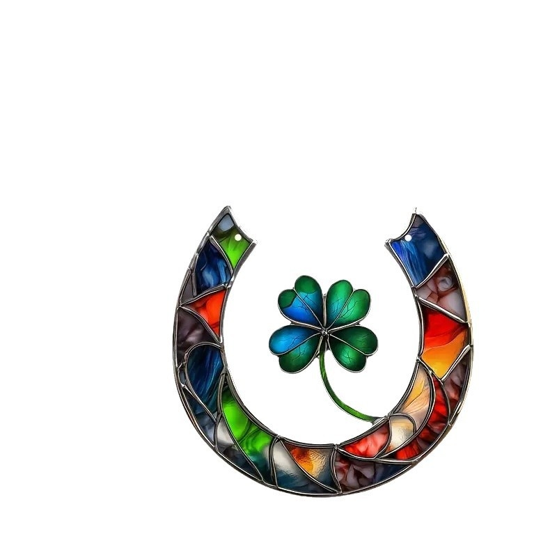 Sun catcher acrilic cu potcoavă norocoasă și trifoi cu patru foi — Geometrie, utilizare generală, ambalaj din carton