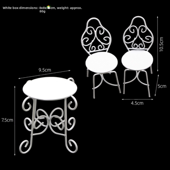 Lėlės namų geležinis lauko arbatos staliukas ir kėdžių rinkinys BJD kiemo scenai (statinis modelis; DIY tinkamas; nesurinktas)
