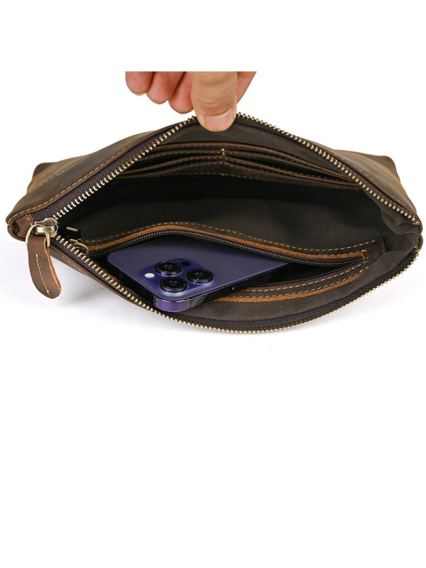 Muška kožna clutch torba Crazy Horse, jednobojna, s remenom za zglob, velik kapacitet, otporna na habanje