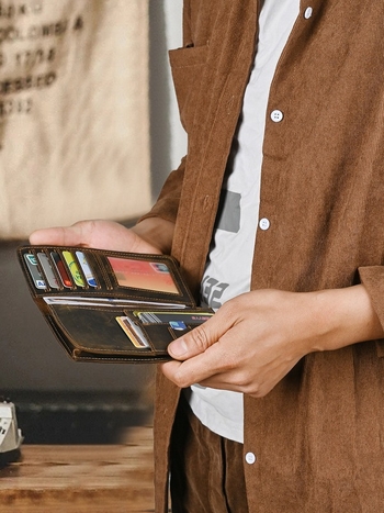 Ανδρικό μακρύ δερμάτινο πορτοφόλι από γνήσιο δέρμα, κορυφαίο βοδινού δέρματος, μπλιφολντ, πολλές θήκες καρτών, Ancient Chaoke