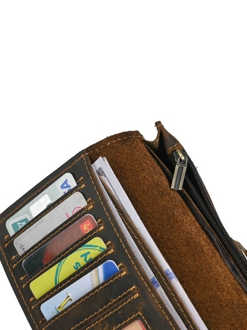 Ανδρικό μακρύ δερμάτινο πορτοφόλι από γνήσιο δέρμα, κορυφαίο βοδινού δέρματος, μπλιφολντ, πολλές θήκες καρτών, Ancient Chaoke