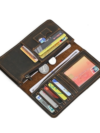 Ανδρικό μακρύ δερμάτινο πορτοφόλι από γνήσιο δέρμα, κορυφαίο βοδινού δέρματος, μπλιφολντ, πολλές θήκες καρτών, Ancient Chaoke