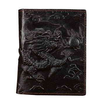 Мъжки бифолд портфейл от естествена кожа, модел дракон, кожа от първия слой, вертикален дизайн