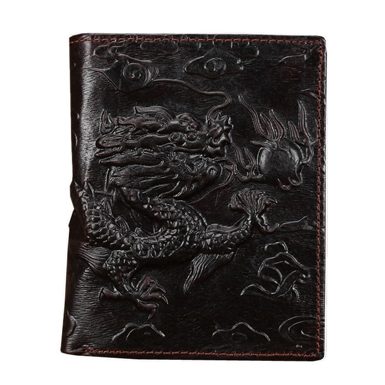 Мъжки бифолд портфейл от естествена кожа, модел дракон, кожа от първия слой, вертикален дизайн