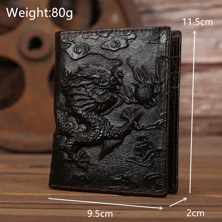 Мъжки бифолд портфейл от естествена кожа, модел дракон, кожа от първия слой, вертикален дизайн