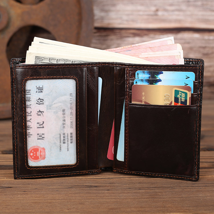 Мъжки бифолд портфейл от естествена кожа, модел дракон, кожа от първия слой, вертикален дизайн