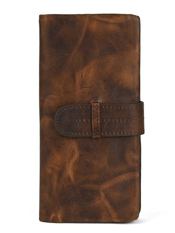 Дълъг портфейл от кожа на първи слой, винтидж британски стил, бифолд, еднотонен модел, ултра лек, подплата полиестер