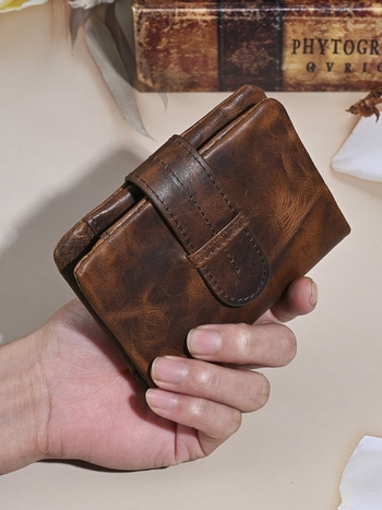 Μακρύ πορτοφόλι από δέρμα πρώτης στρώσης, βρετανικού vintage στυλ, δίφυλλο, μονοχρωμικός σχεδιασμός, υπερ-ελαφρύς, επένδυση πολυεστέρα