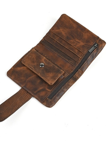 Μακρύ πορτοφόλι από δέρμα πρώτης στρώσης, βρετανικού vintage στυλ, δίφυλλο, μονοχρωμικός σχεδιασμός, υπερ-ελαφρύς, επένδυση πολυεστέρα