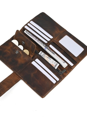 Μακρύ πορτοφόλι από δέρμα πρώτης στρώσης, βρετανικού vintage στυλ, δίφυλλο, μονοχρωμικός σχεδιασμός, υπερ-ελαφρύς, επένδυση πολυεστέρα