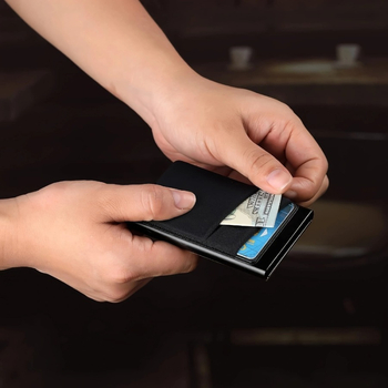 RFID kartes turētājs ar zādzības aizsardzību, alumīnija sakausējums, universāls, 1 locījums, izturīgs, poliesteres oderes