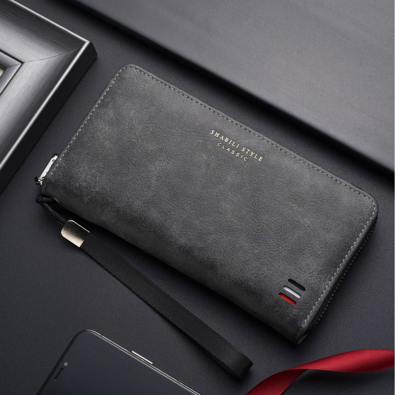 Дълъг мъжки портфейл с цип, голяма вместимост, 8 отделения за карти, полиестерна материя, PU подплата