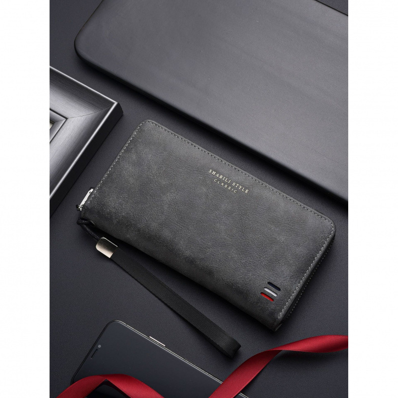 Дълъг мъжки портфейл с цип, голяма вместимост, 8 отделения за карти, полиестерна материя, PU подплата
