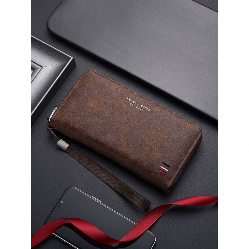 Дълъг мъжки портфейл с цип, голяма вместимост, 8 отделения за карти, полиестерна материя, PU подплата