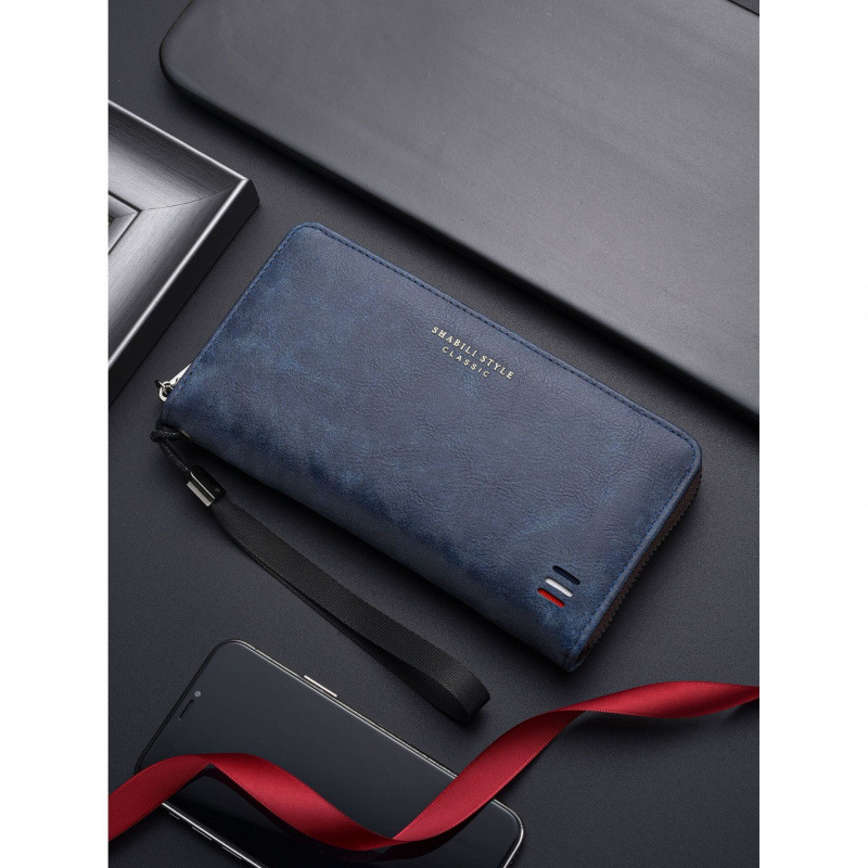 Дълъг мъжки портфейл с цип, голяма вместимост, 8 отделения за карти, полиестерна материя, PU подплата