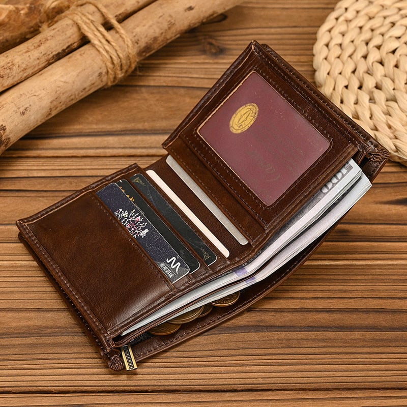 Мъжки портфейл от естествена кожа, бифолд с RFID защита, монетник с цип, първи слой телешка кожа