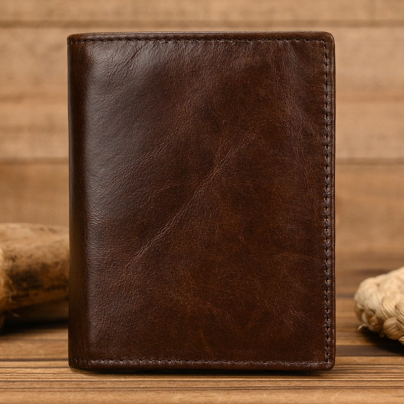 Мъжки портфейл от естествена кожа, бифолд с RFID защита, монетник с цип, първи слой телешка кожа
