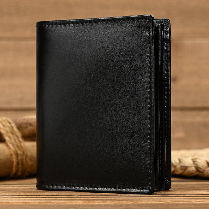 Мъжки портфейл от естествена кожа, бифолд с RFID защита, монетник с цип, първи слой телешка кожа
