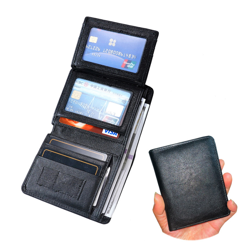 Мъжки портфейл от естествена кожа, ултра тънък, вертикален дизайн, защита срещу кражба, подплата полиестер