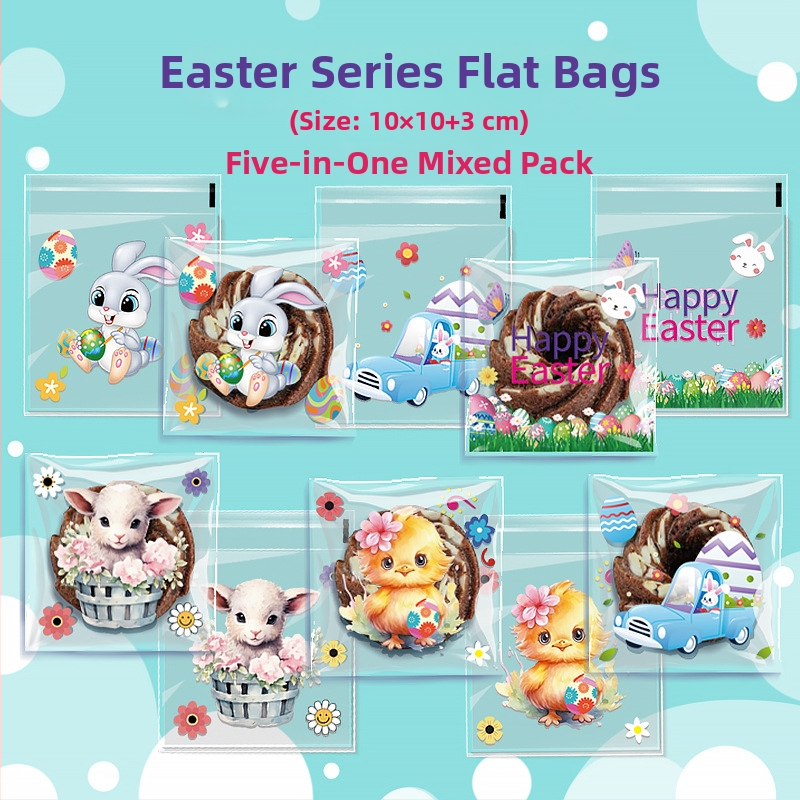 OPP самозалепваща торбичка за подаръци с модел зайче и великденски яйца, пластмасова за малки бонбони — без лого, рязане с плосък нож