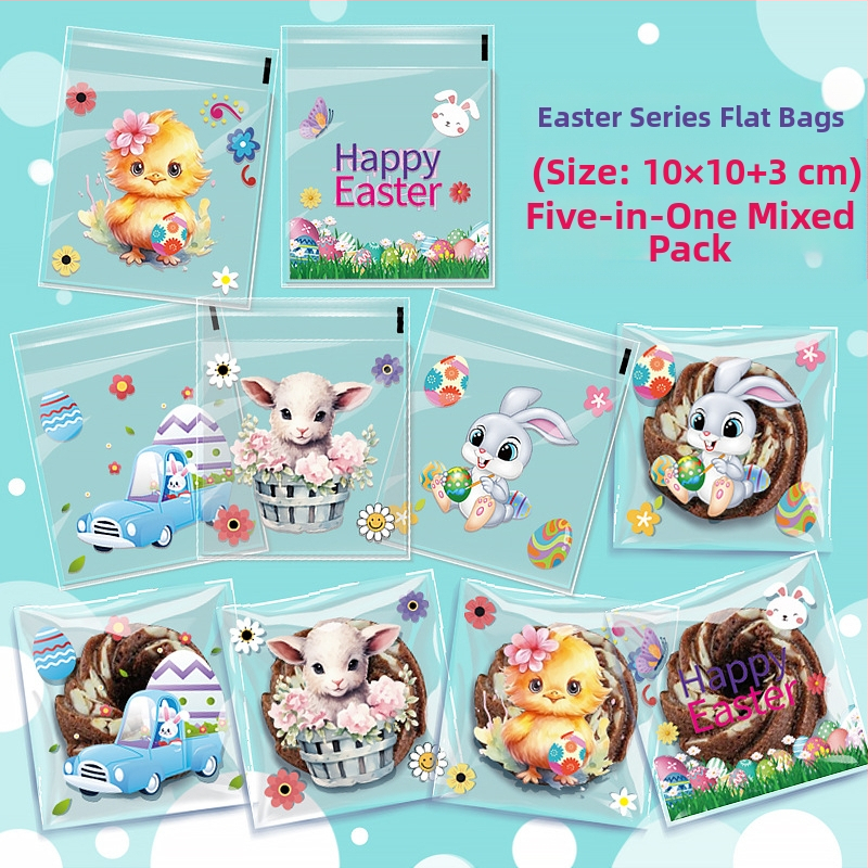 OPP самозалепваща торбичка за подаръци с модел зайче и великденски яйца, пластмасова за малки бонбони — без лого, рязане с плосък нож