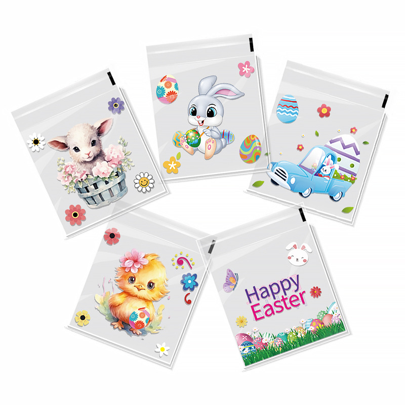 OPP lipnus dovanų maišelis su kiškučio ir Velykų kiaušinių raštu, plastinė pakuotė mažoms saldainiams — be logotipo, plokščio peilio pjovimas