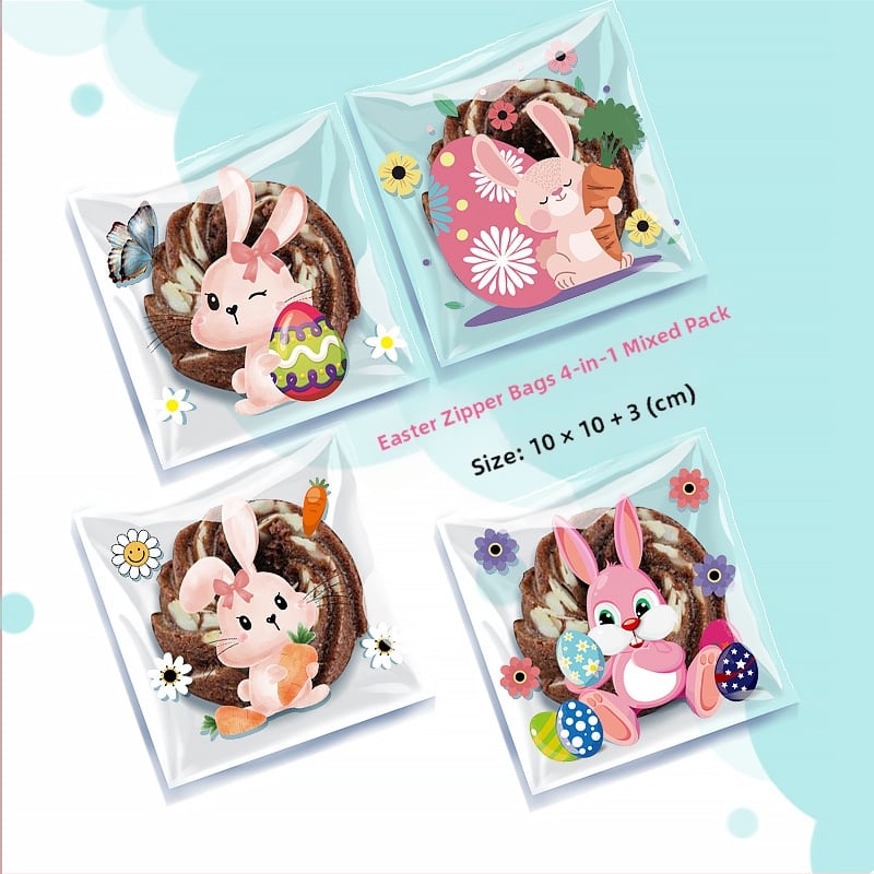 OPP lipnus dovanų maišelis su kiškučio ir Velykų kiaušinių raštu, plastinė pakuotė mažoms saldainiams — be logotipo, plokščio peilio pjovimas