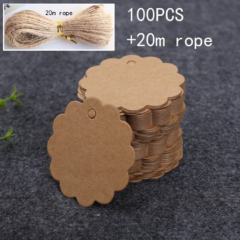 DIY подаръчни етикети, неравни кръгли дантелени празни етикети със самозалепваща облицовка върху покрит картон, 100 бр. + 20 м конопено въже, персонализируеми