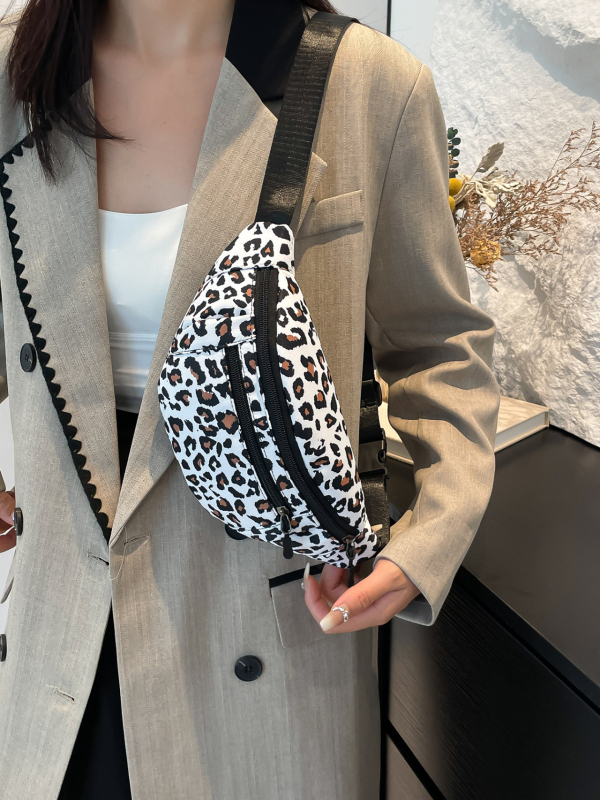 Leopardprinta neilona crossbody soma, ielu modes stils, rāvējslēdzēja aizvērums, laminēta iekšējā kabata, pavasaris 2025