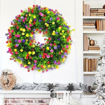 Mākslīgs eikalipta vainags durvīm, no plastmasas materiāla, izgatavots ar injekcijas formēšanu; piemērots kāzām, ārējai lietošanai, fotogrāfiju rekvizītiem un mājas noformēšanai.