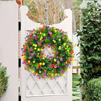 Mākslīgs eikalipta vainags durvīm, no plastmasas materiāla, izgatavots ar injekcijas formēšanu; piemērots kāzām, ārējai lietošanai, fotogrāfiju rekvizītiem un mājas noformēšanai.