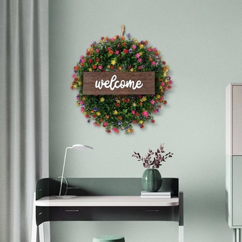 Mākslīgs eikalipta vainags durvīm, no plastmasas materiāla, izgatavots ar injekcijas formēšanu; piemērots kāzām, ārējai lietošanai, fotogrāfiju rekvizītiem un mājas noformēšanai.