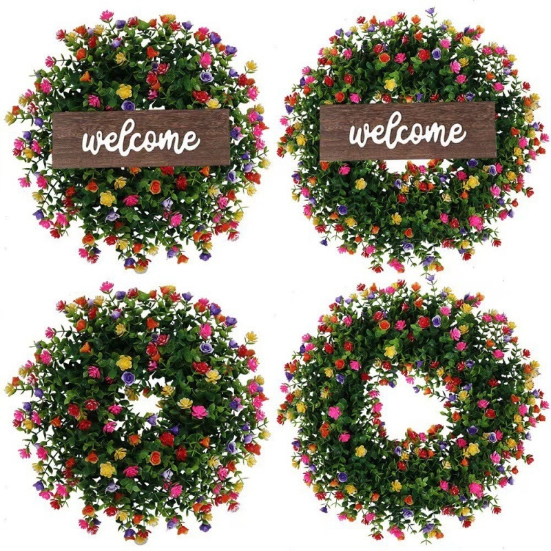 Mākslīgs eikalipta vainags durvīm, no plastmasas materiāla, izgatavots ar injekcijas formēšanu; piemērots kāzām, ārējai lietošanai, fotogrāfiju rekvizītiem un mājas noformēšanai.