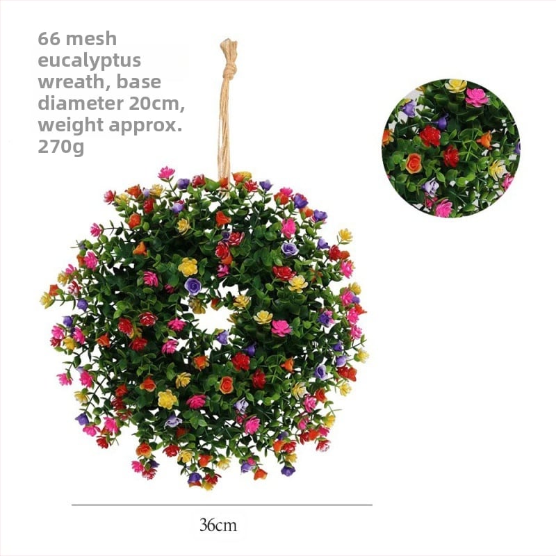 Mākslīgs eikalipta vainags durvīm, no plastmasas materiāla, izgatavots ar injekcijas formēšanu; piemērots kāzām, ārējai lietošanai, fotogrāfiju rekvizītiem un mājas noformēšanai.