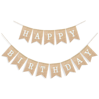 HAPPY BIRTHDAY Декорационен банер с флажчета от мешковина за рожден ден – сценична декорация (Материал: плат; Персонализация: Да; Подходящ за подаръци: бизнес подаръци)