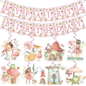 Decorațiune cu steag trase pentru o petrecere de ziua de naștere cu tema zână cu flori, stil modern, din hârtie; Categorie: steag; Produs: accesorii de aranjare scenă