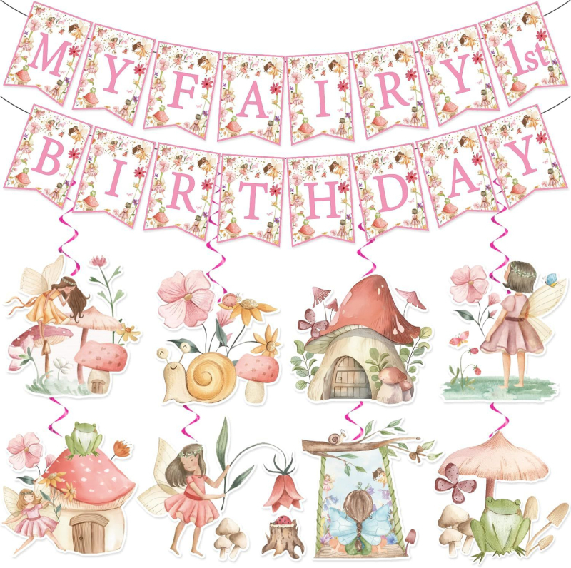 Decorațiune cu steag trase pentru o petrecere de ziua de naștere cu tema zână cu flori, stil modern, din hârtie; Categorie: steag; Produs: accesorii de aranjare scenă