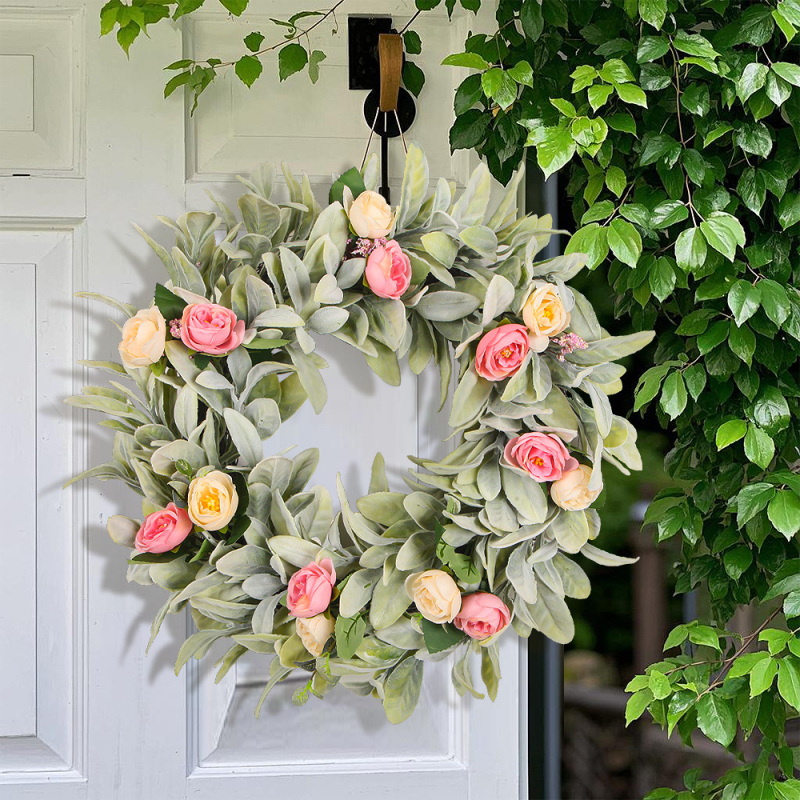 Durų vainikas – pavasario gėlių vainikas su kiškių ausimis (Medžiaga: šilko-plastikas; Prekės ženklas: Huizhao; Pakuotė: Opp bag; Dovana tinkama; Velykos)