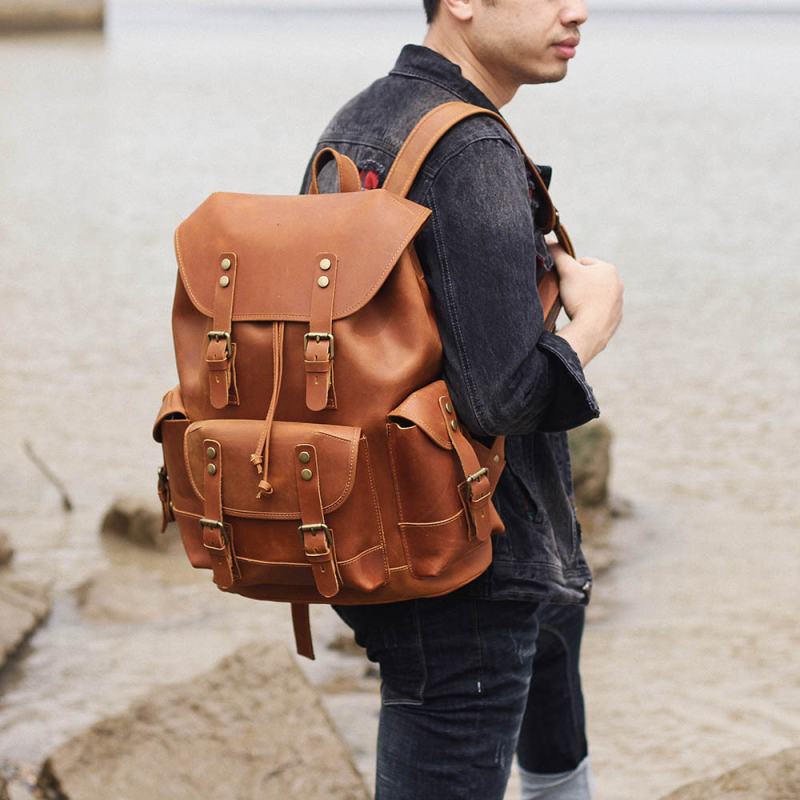 Rucsac retro din piele naturală, top layer, capacitate 20–35L, rezistent la uzură și anti-furt, brand S.worker / Sivokor, pentru călătorii de recreere și activități în aer liber