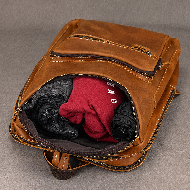 Rucsac din piele naturală Crazy Horse, unisex, capacitate mare 20–35L, antifurt, compatibil 15 inch laptop, pentru călătorii casual și business