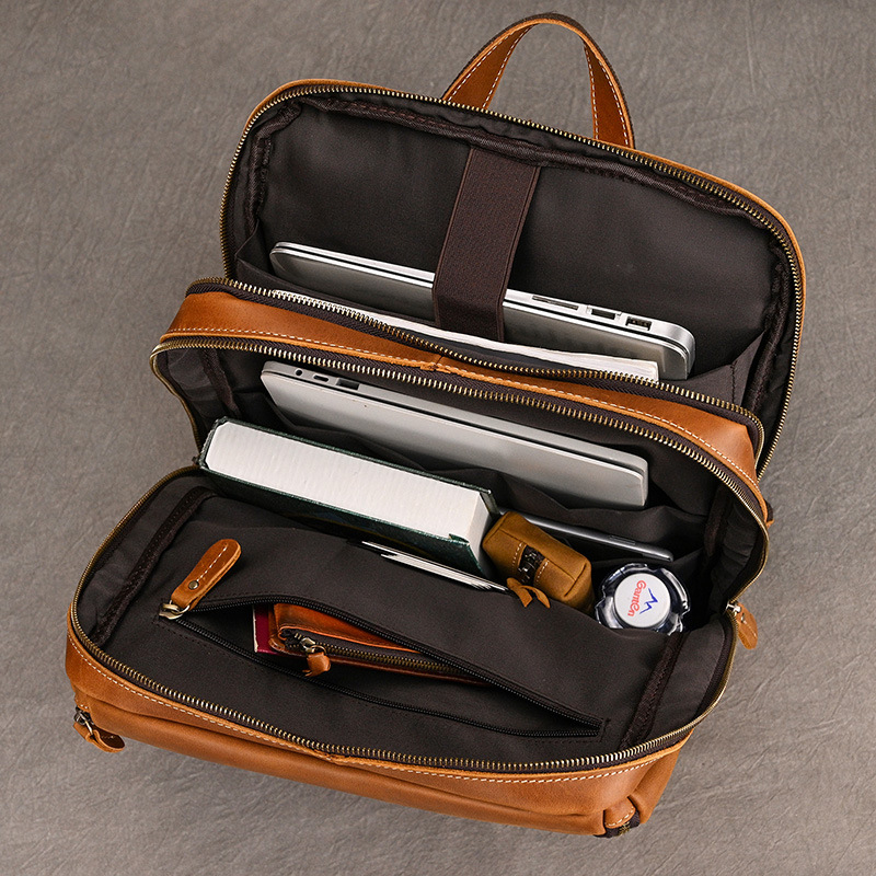 Rucsac din piele naturală Crazy Horse, unisex, capacitate mare 20–35L, antifurt, compatibil 15 inch laptop, pentru călătorii casual și business