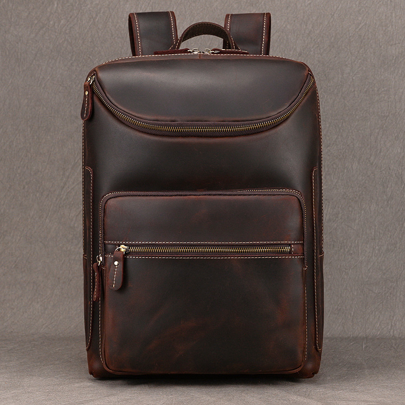 Rucsac din piele naturală Crazy Horse, unisex, capacitate mare 20–35L, antifurt, compatibil 15 inch laptop, pentru călătorii casual și business