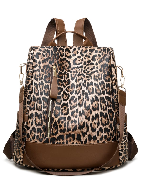 Leopard mintás hátizsák PU anyagból, nagy kapacitású, lopás elleni rendszer, cipzáras zárás