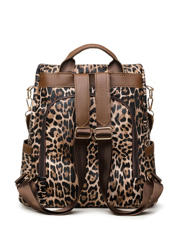 Leopard mintás hátizsák PU anyagból, nagy kapacitású, lopás elleni rendszer, cipzáras zárás
