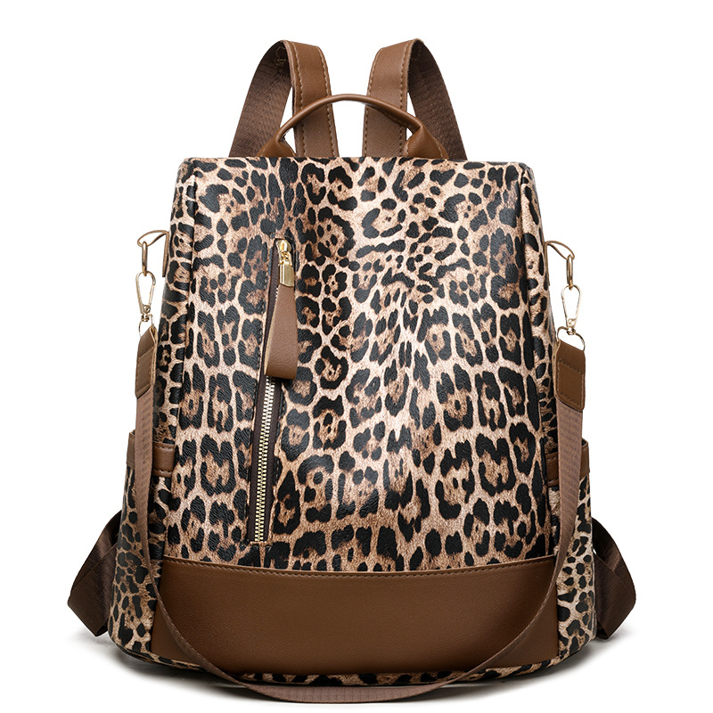 Leopard mintás hátizsák PU anyagból, nagy kapacitású, lopás elleni rendszer, cipzáras zárás