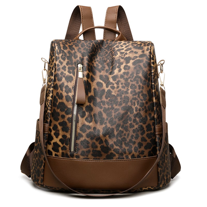 Leopard mintás hátizsák PU anyagból, nagy kapacitású, lopás elleni rendszer, cipzáras zárás