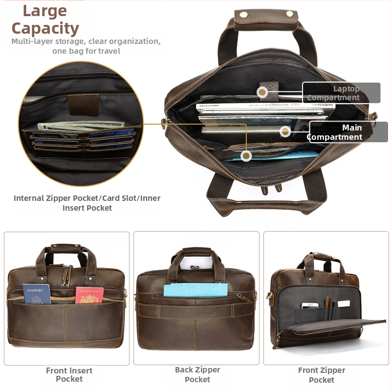 Мъжка делова чанта от Crazy Horse кожа — ретро дизайн, ръчна дръжка, износоустойчива, голям обем