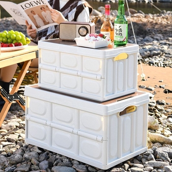 Sulankstoma automobilio saugojimo dėžė su integruotu mediniu dangčiu ir staleliu, 50 L, medžiaga: PP + tankio plokštė