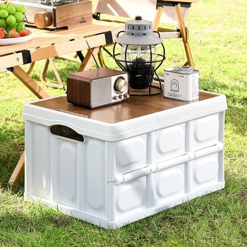 Sulankstoma automobilio saugojimo dėžė su integruotu mediniu dangčiu ir staleliu, 50 L, medžiaga: PP + tankio plokštė